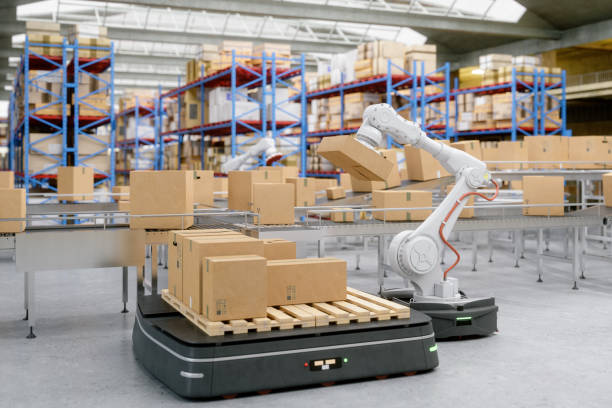 Robot Arm Carrier memindahkan barang di warehouse